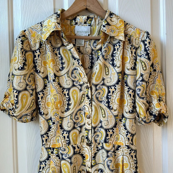 DM Donna Morgan Paisley Print Puff Sleeve Front Button Midi Dress 100% Silk sz 6 - Picture 2 of 11